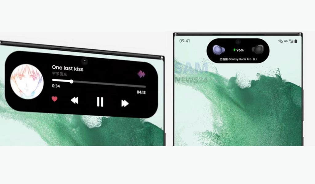 Two screenshots of a phone interface showing a pill-shaped notification area at the top of the screen, mimicking Apple’s Dynamic Island feature.