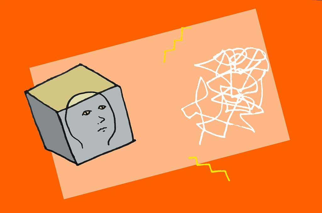 A face in a box is looking at a messy scribble with sparks
