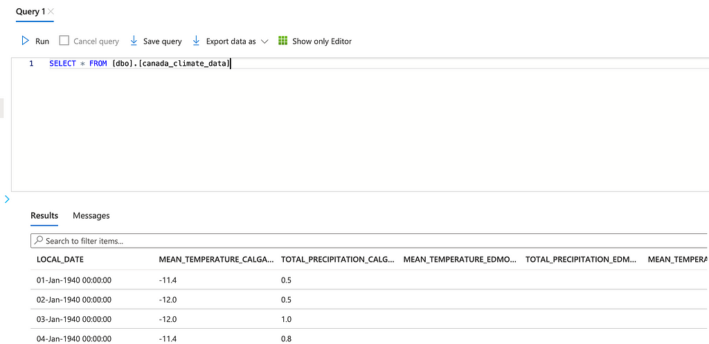 Screenshot showing simple SELECT * query in my database to showcase that the table is now created and data transferred.