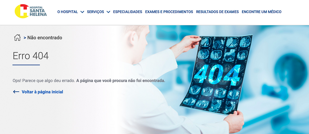 Página de erro do hospital Santa Helena (Brasília) cujo título é erro 404