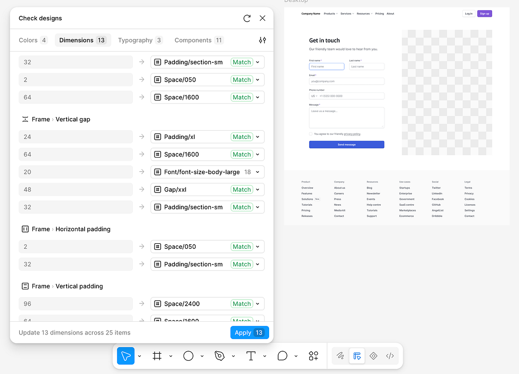 Figma’s Check designs panel on a demo file. Four tabs at top show violation counts: Colors 4, Dimensions 13, Typography 3, Components 11. The Dimensions tab is expanded, listing off-token spacing values on the left being matched to correct design system tokens on the right, each row tagged “Match” in green. The bottom status bar reads “Update 13 dimensions across 25 items” next to an “Apply 13” button.