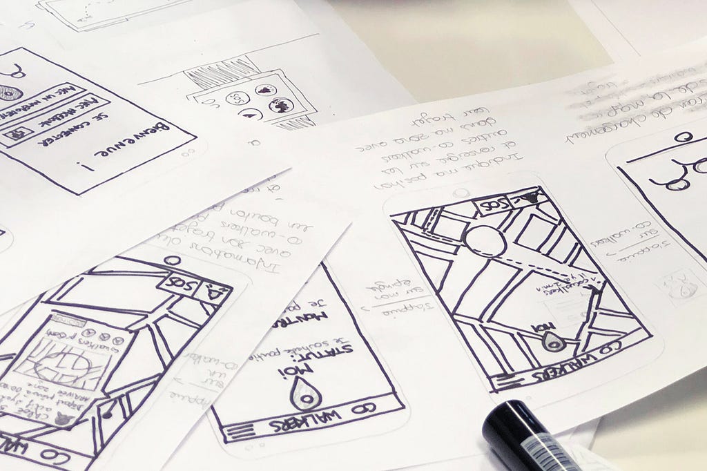 Close-up shot of hand-drawn wireframes