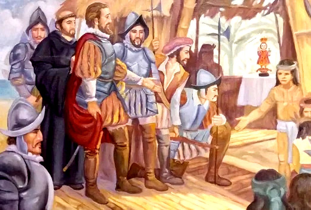 This is a painting of Magellan arriving in the Philippines and being welcomed by a young aboriginal.