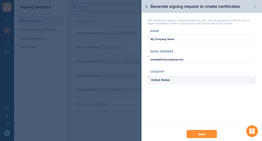 Appcircle dashboard to create a signing request without macOS