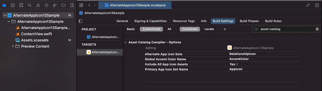 An image of the project’s Build Settings tab with the options filtered to “asset catalog” and “Customized” to show the changes to the “Alternate App Icon Sets” and “Include All App Icon Asset” flags.