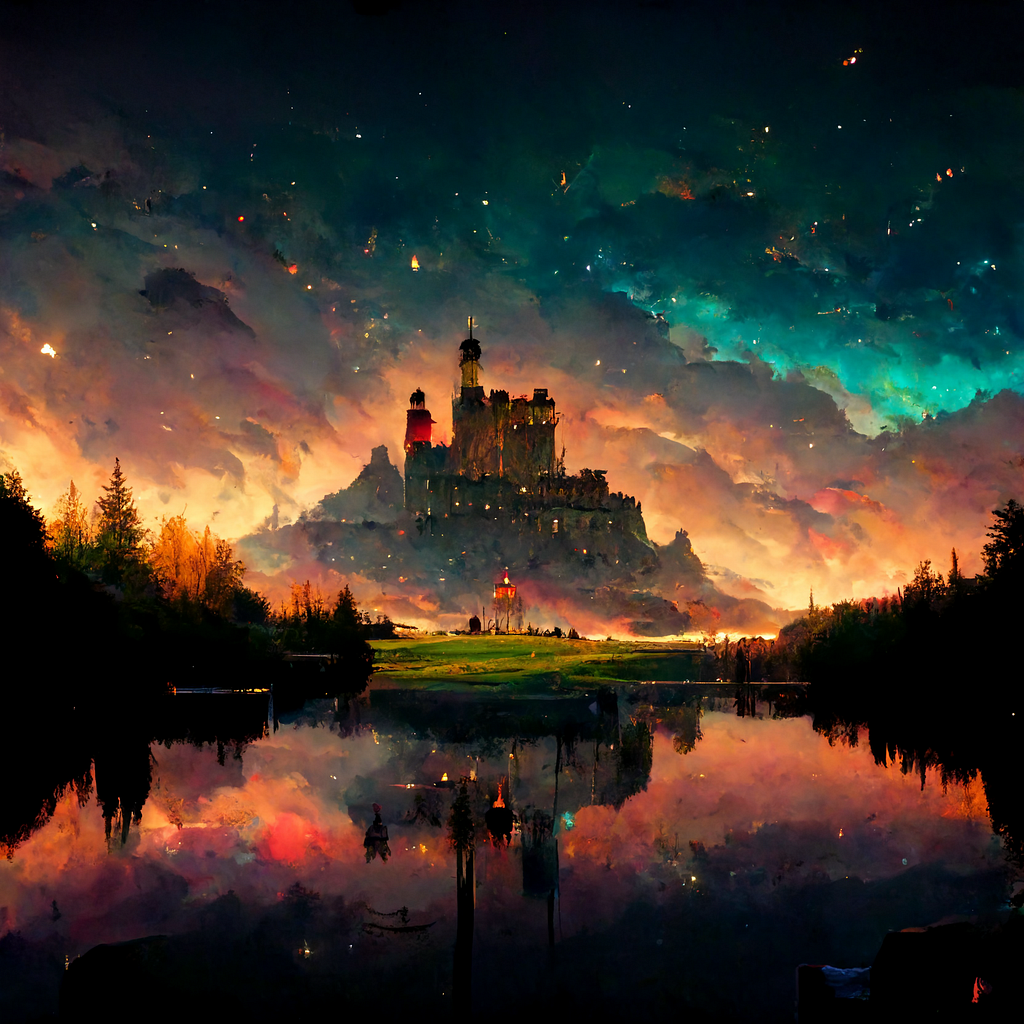 digital art of castle at night over lake under night stars
