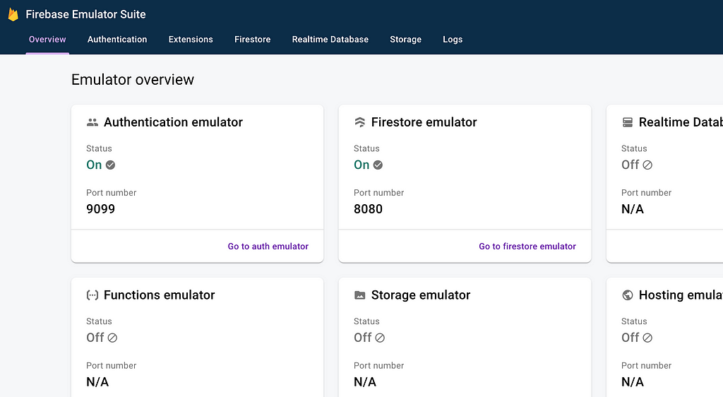 A screenshot of the Firebase Emulator Suite UI/dashboard.