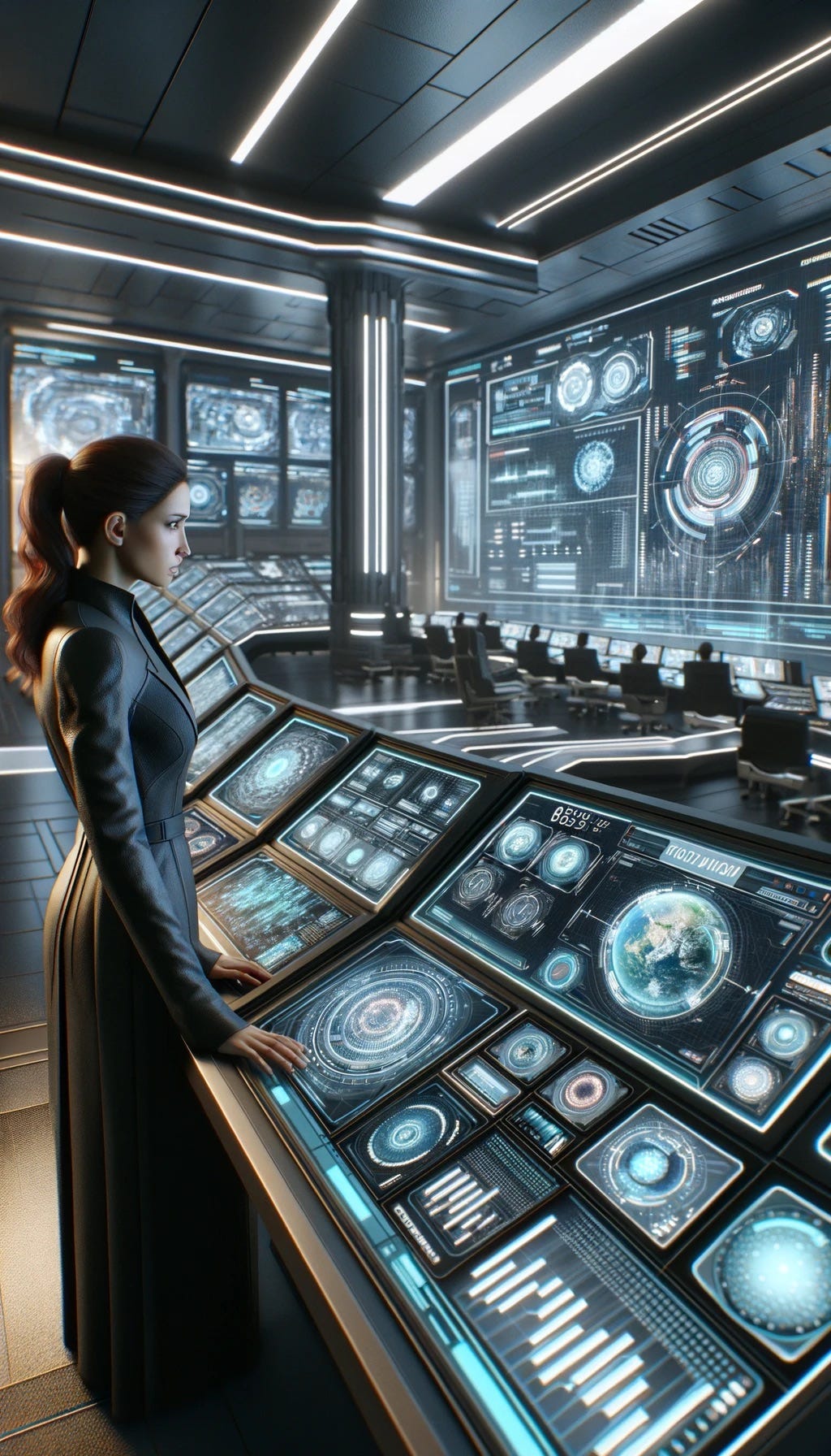 A futuristic city’s control center, with a woman, Valeria, observing various futuristic screens displaying infographics and dynamic models. The interior should reflect a high-tech environment with a sleek design, suggesting advanced AI governance. The screens show complex data visualizations that hint at anomalies and imperfections. Valeria appears contemplative and uneasy, her expression one of concern as she studies the displays. Image 1