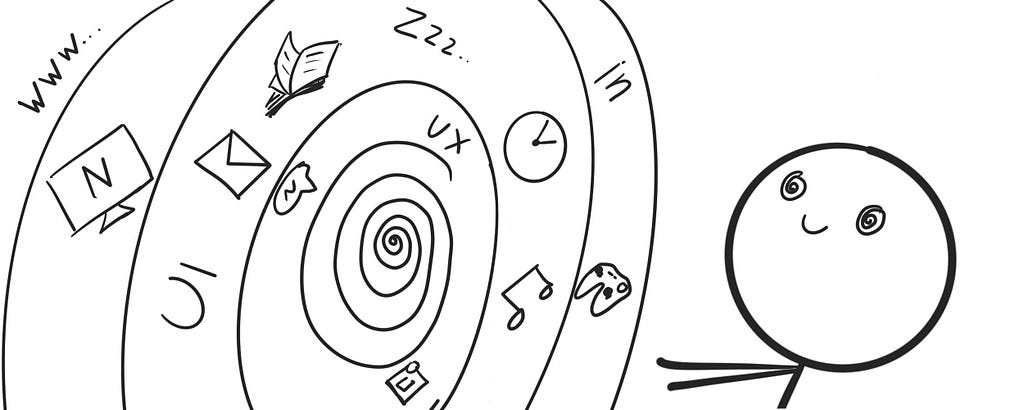 Doodle, on which two things are going on. On the left, you will see a vortex with icons representing things like Music, Instagram, Gaming, UX/UI, or reading. On the right is a sticky figure with hands drawn towards the vortex with eyes fixed on the vortex’s center.