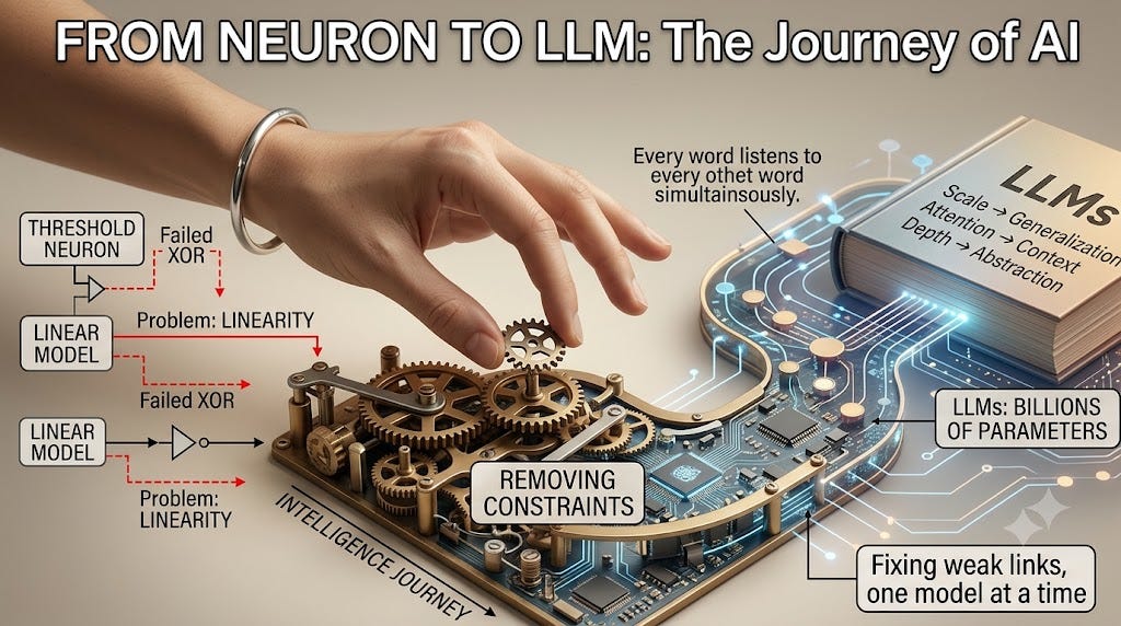 From a Single Threshold Neuron to Large Language Models
