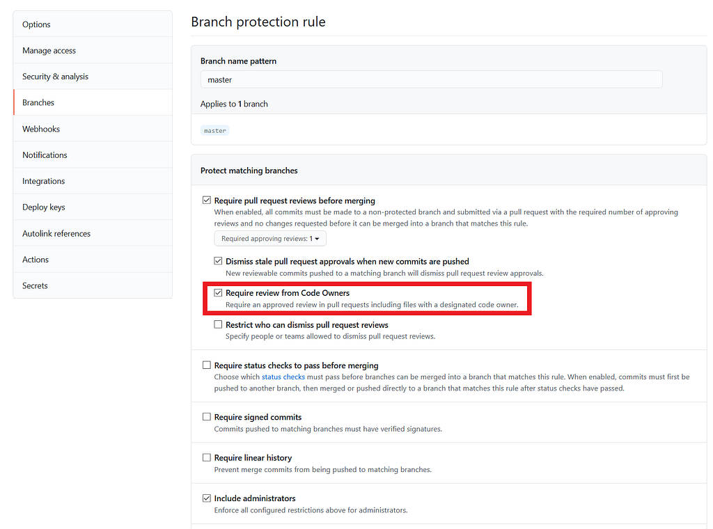 GitHub branch protectiomns configuration, with “Require review from code owners” highlighted