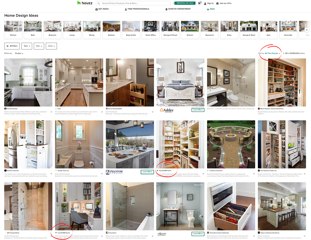 screenshot of houzz’s all time popular photos in the home design ideas category