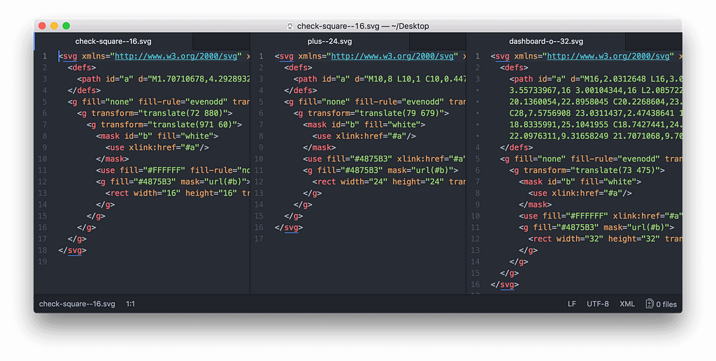 Code of 3 different SVGs that were exported from Sketch