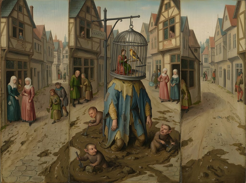 A figure in a patch of treacherous mud whose head is an intricate, iron birdcage, inside of which a tiny figure obsessed only with a beautiful bird, while at his feet, tiny, creatures with human ears are frantically digging up the path beneath the muck.