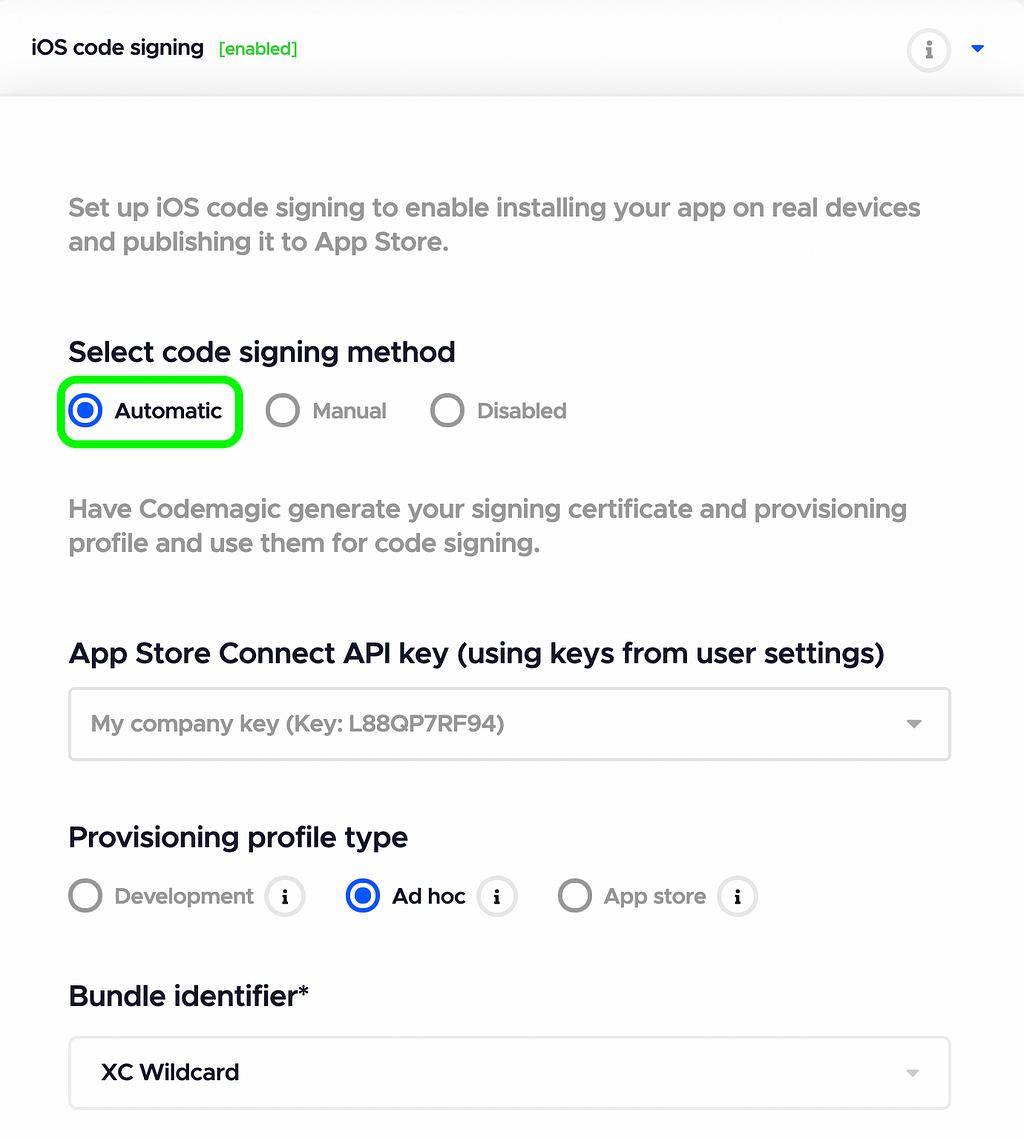 iOS code signing settings