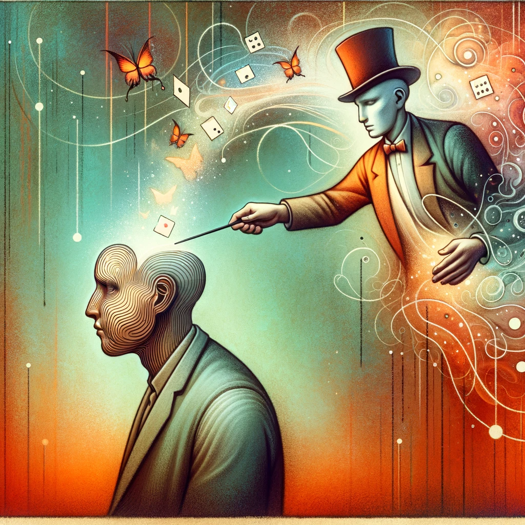 The image created is a surreal and symbolic representation inspired by the quote, depicting an abstract scene where a person is subtly controlled or influenced by a magician-like figure, conveying themes of manipulation and cognitive disarray in a dreamlike setting.