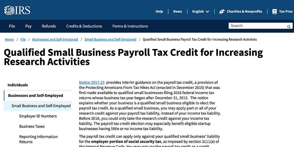 IRS Specifics: Federal Research and Development Payroll Tax Credit