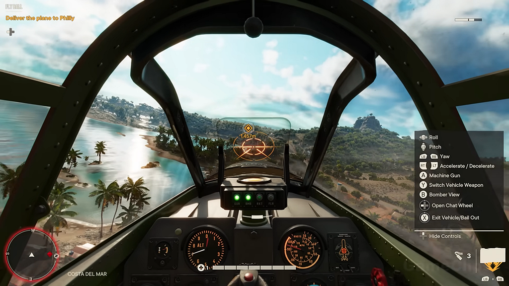 Far Cry 6 airplane screenshot: control info panel on the right