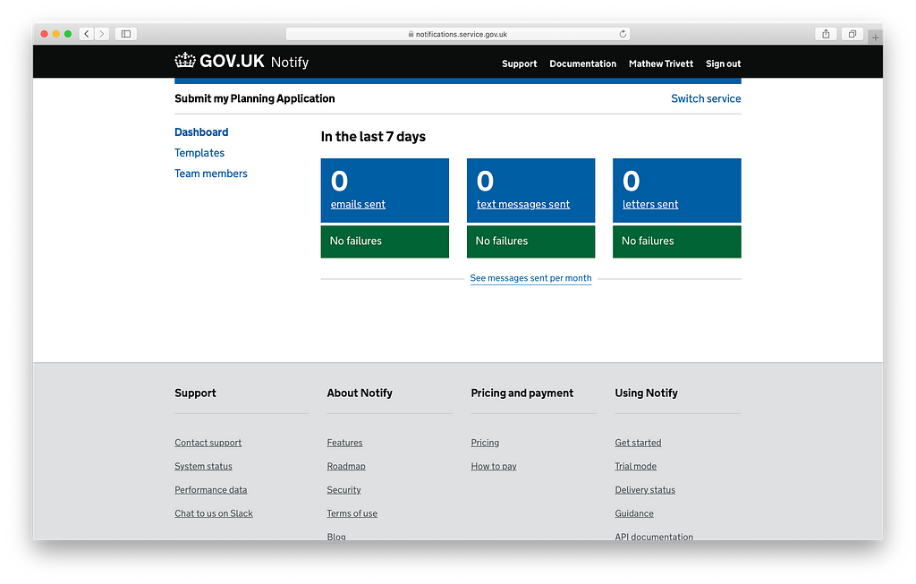 A screenshot of the GOV.UK Notify dashboard