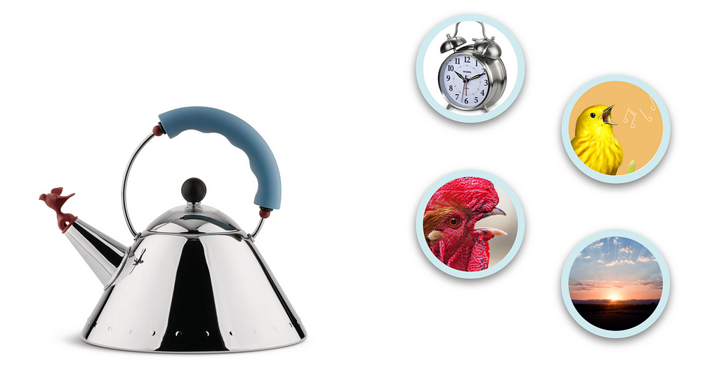 Image of Michael Graves tea kettle with symbols called out to the right (an alarm clock, a songbird, a rooster, a sunrise)
