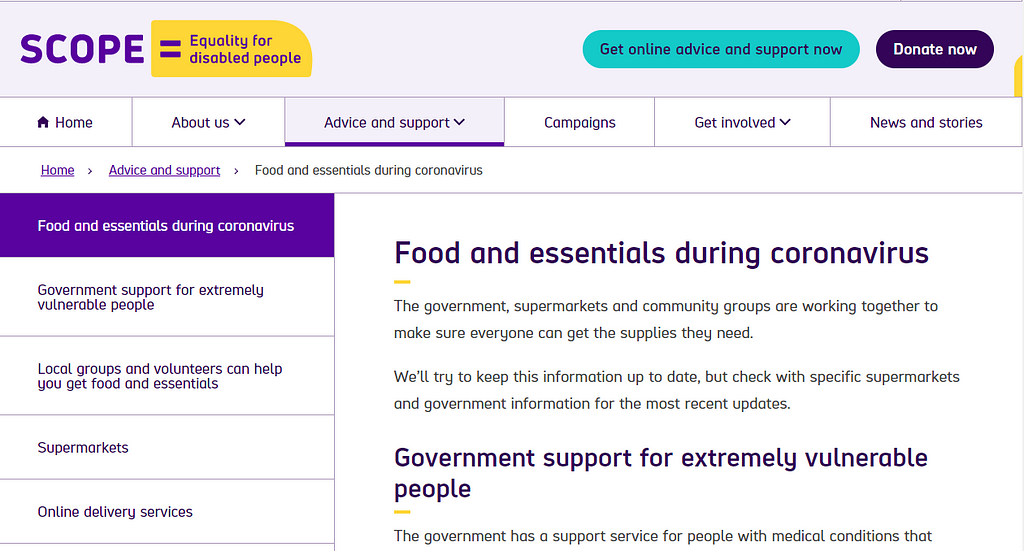 Screenshot of a new page on the Scope website, ‘Food and essentials during coronavirus’.
