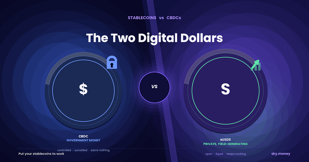 Dark navy graphic titled ‘The Two Digital Dollars’ showing a blue CBDC coin labelled government digital money facing a purple USDS coin labelled private digital money, with the word vs between them and the line put your stablecoins to work.