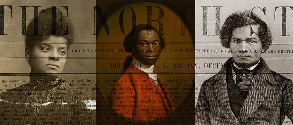 A collage of three portraits: Ida B. Wells, an anonymous man, and Frederick Douglass