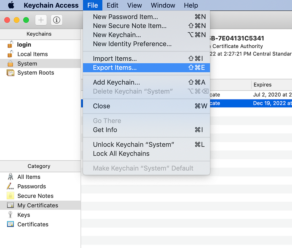Screenshot of macOS’s Keychain Assistant with `Export Items` selected