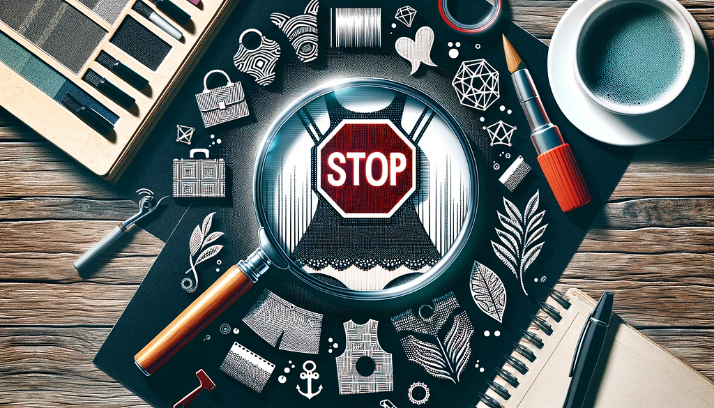 Symbols of anti-counterfeiting in the fashion industry, including a magnifying glass over a garment, watermark-like patterns, and a stop sign, representing efforts against imitation and preserving the authenticity of fashion designs.