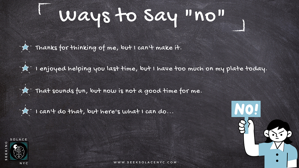 List of four phrases or ways to say no, written on a chalkboard
