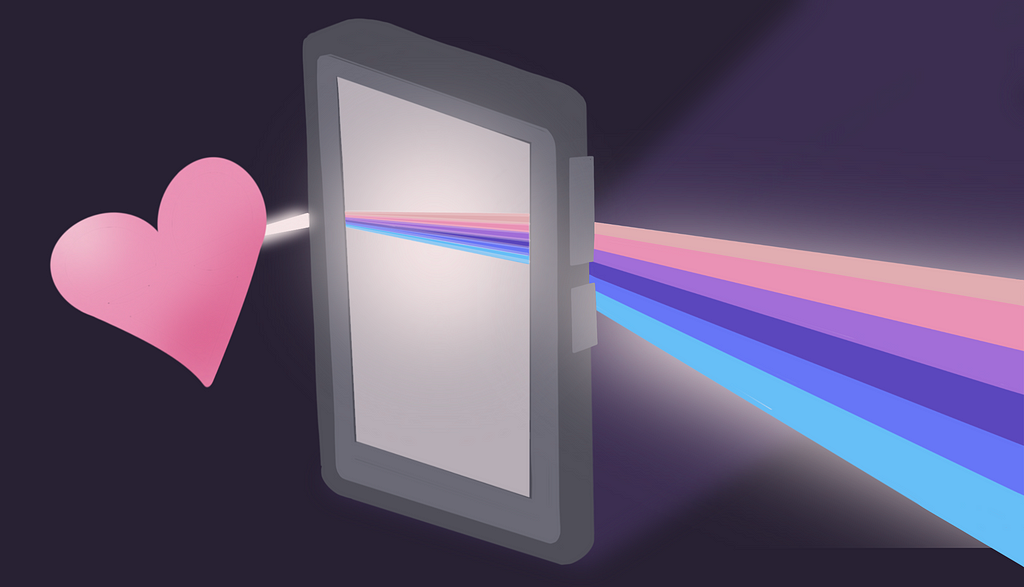 A graphic of a pink heart in front of a cell phone that is serving as a prism from which a light beam refracts.