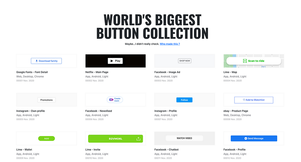 Screenshot of a collection of buttons. There is a large title saying “world’s biggest button collection” and a 4x3 grid of screenshots of buttons from different websites, apps and digital products.