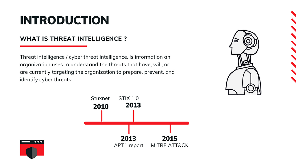 Threat intelligence / cyber threat intelligence, is information an organization uses to understand the threats that have, will, or are currently targeting the organization to prepare, prevent, and identify cyber threats.