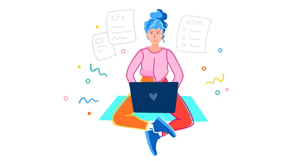 A colourful illustration of a woman who writes code on her laptop during a hack-day. She is surrounded by notes on paper.