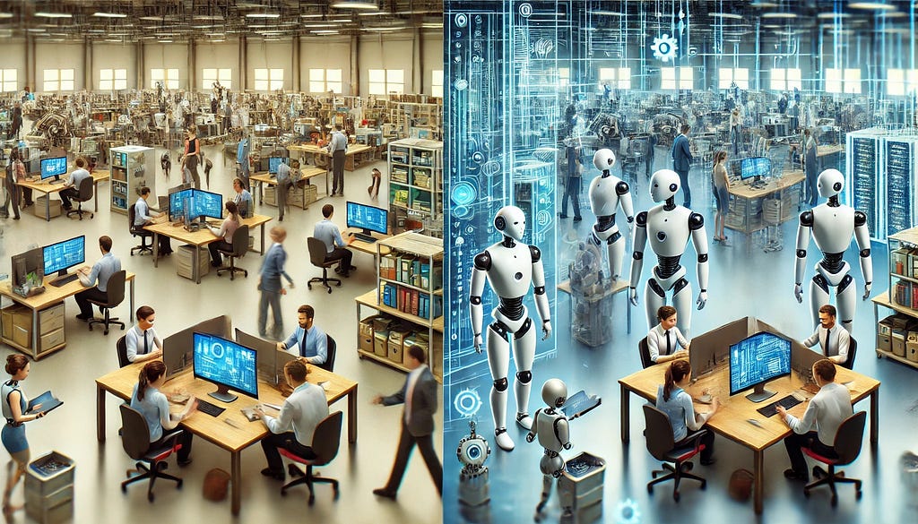 People and robots in a modern office setting, illustrating the transition from AI-assisted tasks to AI-driven processes in business.
