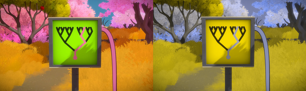 Normal vision vs colour blind comparison in the game The Witness. The red apple on the left image is easily visible, but in the right image the apple blends into the tree itself.