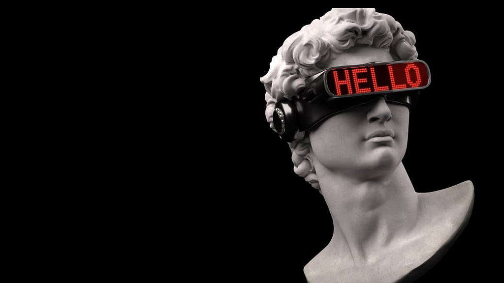 The head of the Statue of David wearing VR goggles that say “Hello”.