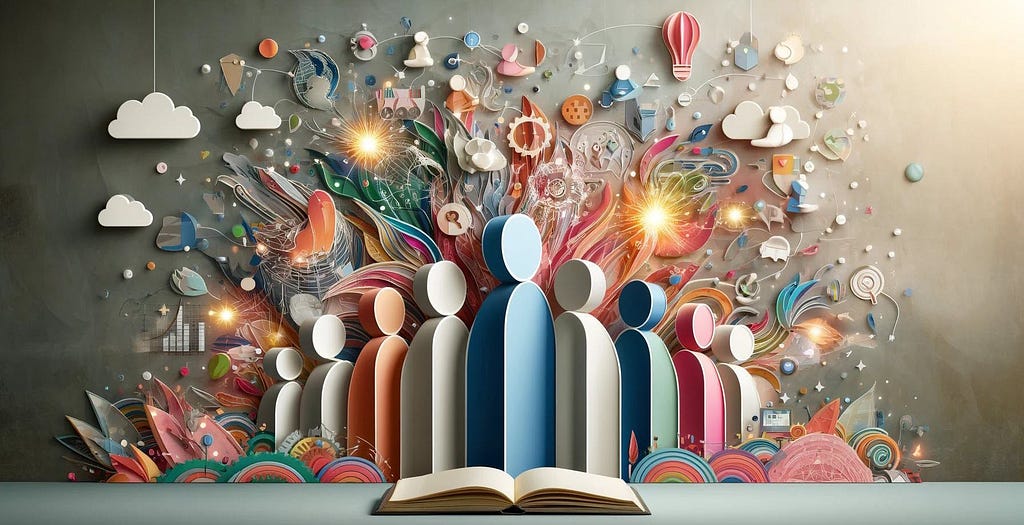 Cutout people standing in front of a book with a whimsical background of clouds, ballons, and other objects