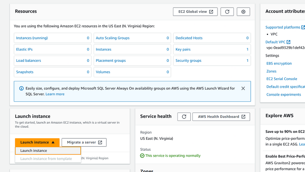 Picture showing EC2 Launch Instance button