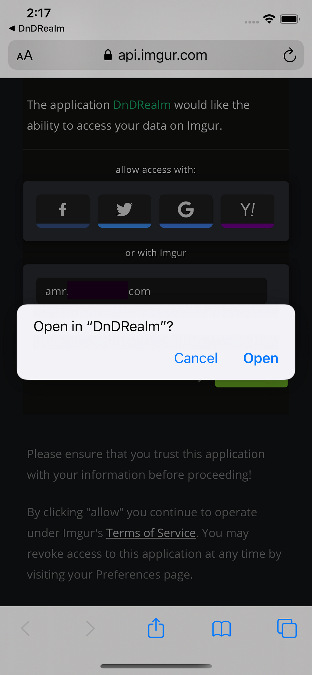 Safari with the Imgur login screen, showing an alert to Open in DnDRealm