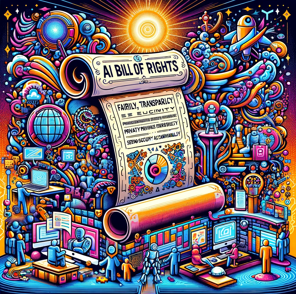A creative and colorful doodle that conceptualizes the ‘AI Bill of Rights’. The scene is set in a futuristic, digital landscape, where a large, ornate scroll unfurls across the foreground, symbolizing the AI Bill of Rights. On the scroll, iconic symbols represent the core principles of fairness, transparency, privacy, security, and accountability in AI.