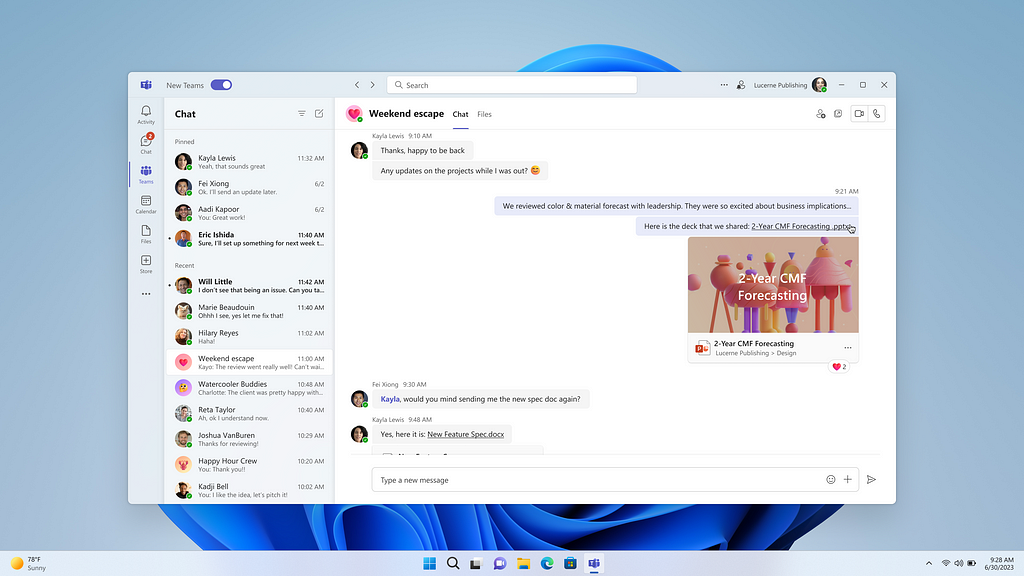 A view of the new chat experience shows how you’re more empowered to bring your own creativity and process into Teams via forthcoming features like group profile pictures and group theming, which allow for deeper customization.