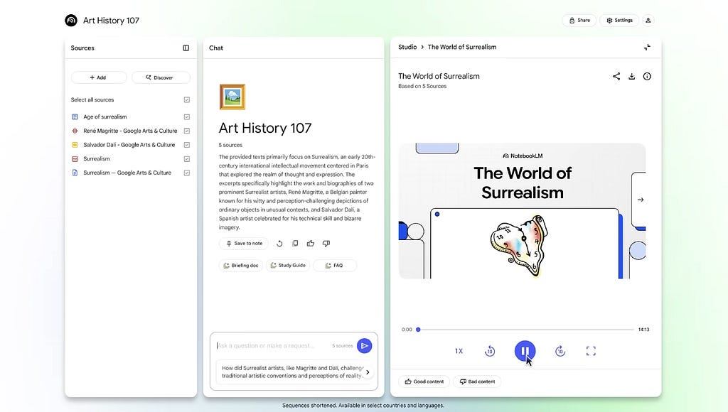A screenshot of the Google NotebookLM interface demonstrating how source materials on art history are automatically transformed into a narrated video overview titled “The World of Surrealism”.