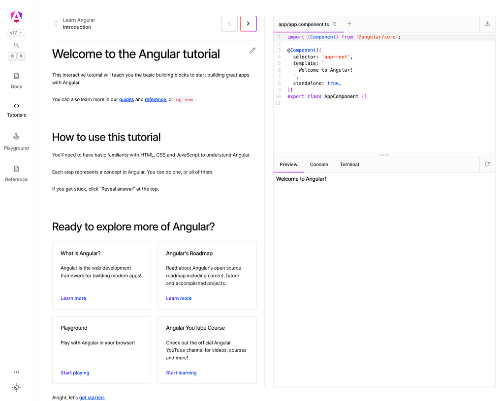 Screenshot of the new Angular tutorial: Angular.dev/tutorials/learn-angular