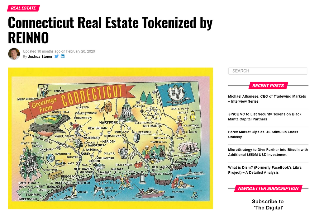 Article from securities.io Connecticut Real Estate Tokenized by REINNO