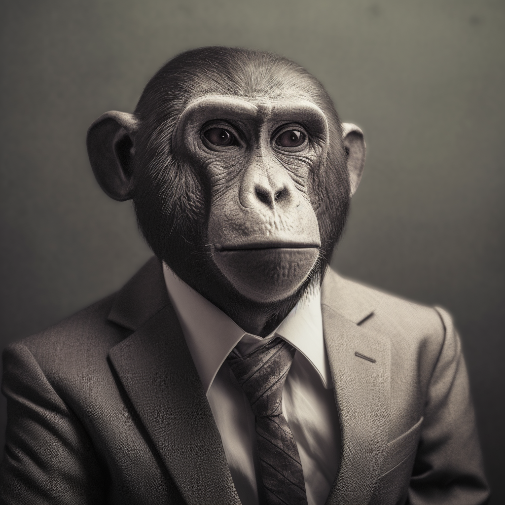 A monkey dressed in a formal suit, representing anthropomorphism as the animal takes on human-like behavior and appearance.