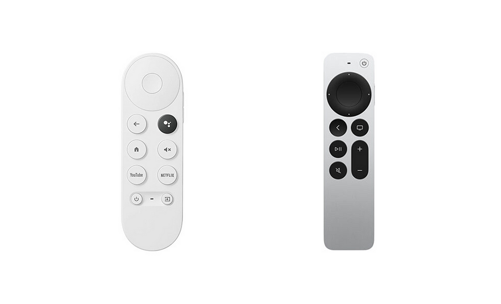 Recent (2022) comparison of the Google Chromecast TV remote against the Apple TV remote.