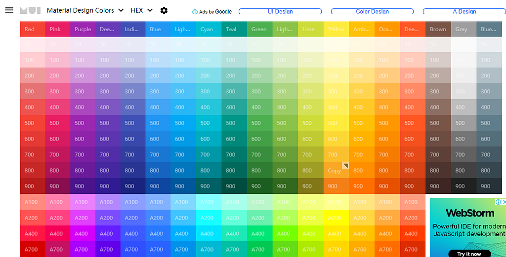 Imagem do site de paleta de cores “Material Design Colors”
