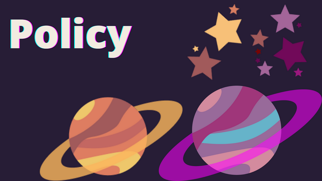 Graphic of different coloured planets, stars and the word ‘policy’