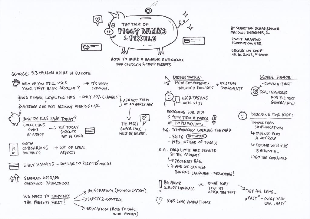 A Tale of Piggy Banks & Pixels: How to Build a Banking Experience for Children and Their Parents by Sebastian Schreibmaier and Zsolt Aranyosi (George) — my sketchnote